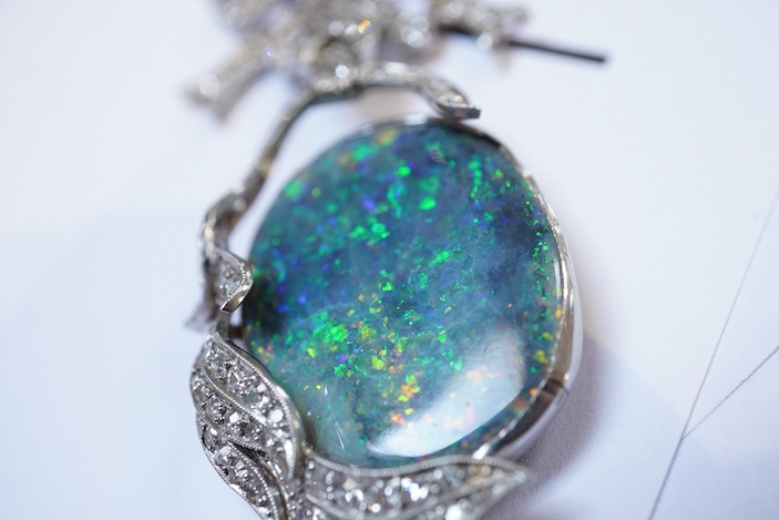 An impressive Belle Epoque black opal and diamond pendant, early 20th century